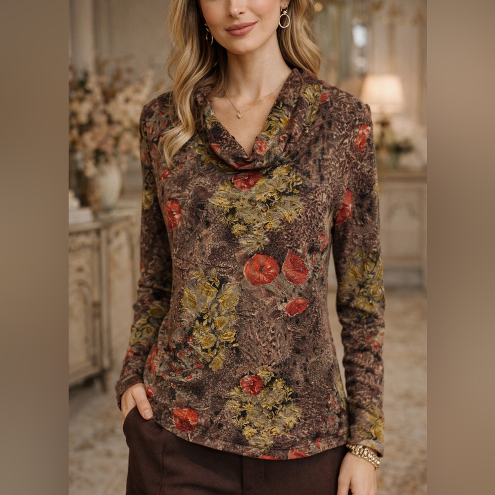 Carducci Vintage Floral Cowl Neck Top L Stretch Burnout Long Sleeve Whimsical‎